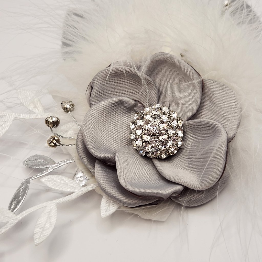 Sale!! Beautiful Grey And White Fascinator With Vintage Rhinestone Cluster